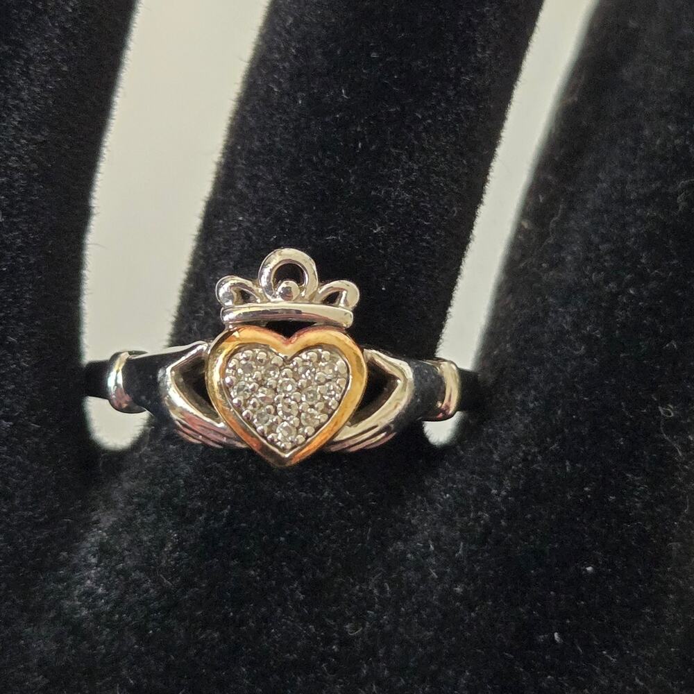 14KT Gold and Sterling Silver Claddagh Ring Diamond Accent Size 7